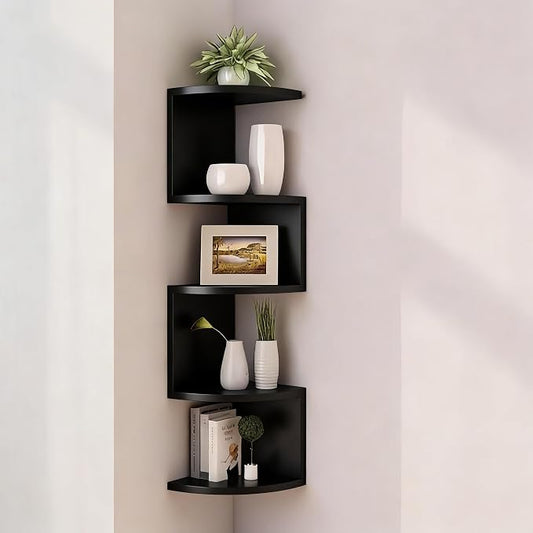 No-Drill Corner Shelf Wall Mount, 5-Tier Thickened Floating Bookshelf with Hooks, Space-Saving Zigzag Plant Shelf for Bedroom, Living Room, Bathroom, Home Office (Black)