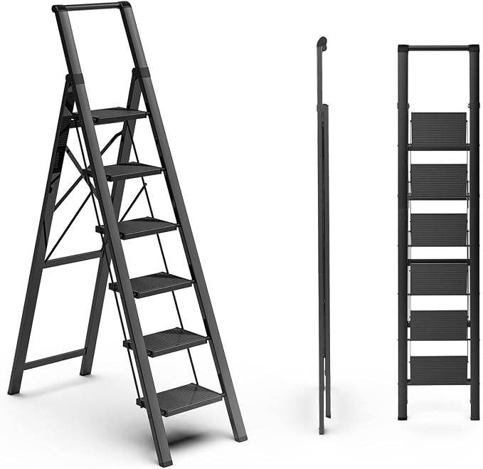 6 Step Ladder, Folding Step Stool, Lightweight Stepladder, Black | Reach 12ft;Anti-Slip 7.9'' Wide Pedal;Portable Handrail;Space-Saving;For Kitchen, Home, Library, Office Use;300lbs Capacity
