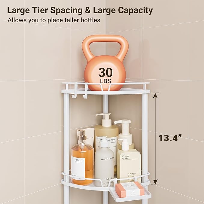 ELYKEN Corner Shower Caddy Standing, 4 Tier Metal Shower Organizer, White | Stainless Steel Shower Shelves with Soap Holder, Adjustable Feet & 2 Hooks for Storing Bath Essentials in Bathroom corner