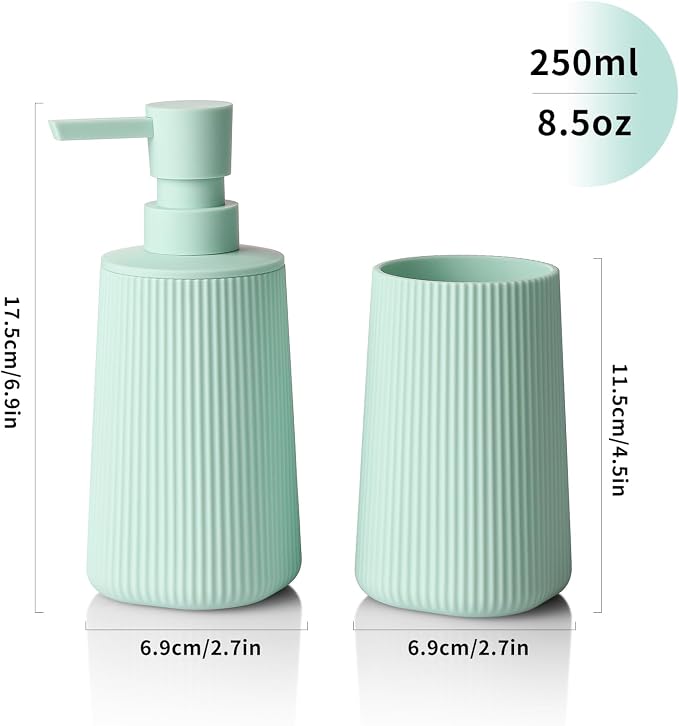 YAUKPH Bathroom Soap Dispenser and Toothbrush Holder Striped Green | Bathroom Accessories Set 2 Piece for Bathroom Countertop Storage and Decor