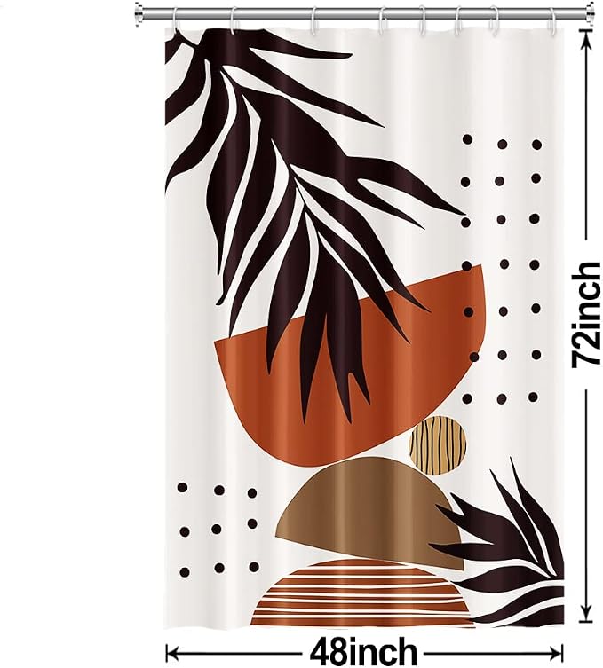 Mid Century Terracotta Stall Shower Curtain with Hooks 48x72 Inch | Waterproof Small Abstract Dark Brown Leaves Bathroom Curtain for Shower Stall, Soft, Machine Washable