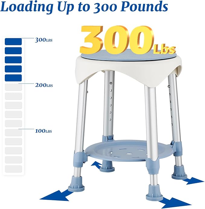 Shower Stool Chair for Inside Shower,360° Swivel,Blue,300LBS | 6-Level Adjustable Height Bath Chair with Shelf,Shower Seat Stool for Bathroom,Upgrade Small Corner Stool for Seniors