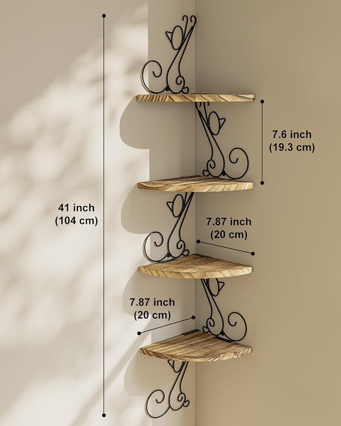 Alsonerbay 4-Tier Cat Shaped Corner Shelf Wall Mount, Carbonized Black | Curved solid wood, 35.2 lbs total capacity, reinforced metal bracket, rustic decor, for bedroom, living room & kitchen
