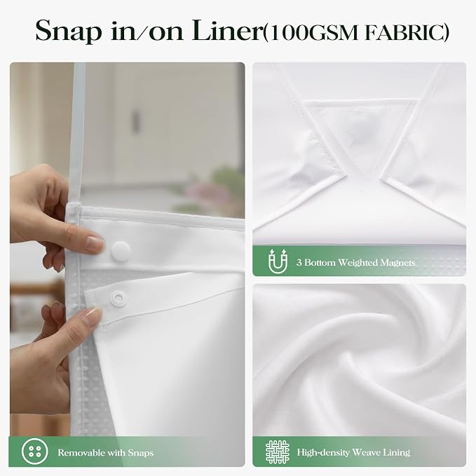 White Hook Free Waffle Shower Curtain & Snap-in Fabric Liner,54x81 | Less Time to install, 3 in 1 Fabric Shower Curtain and Liner Set with Magnets, Stall, Long, Shower Curtains for Bathroom