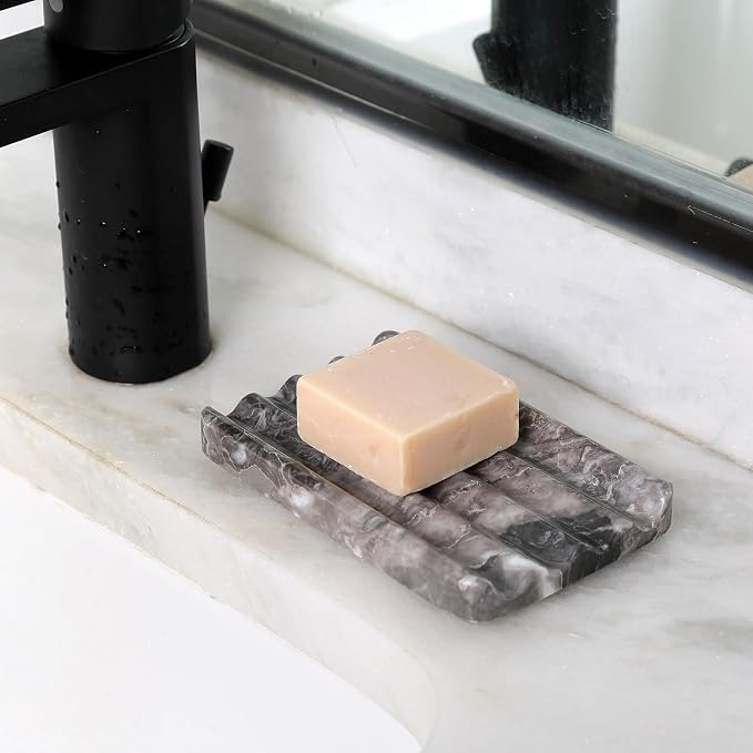 Karibiber Marble Soap Dish, Bar Soap Holder Shower, Brown Soaps Saver with Water Ripple Design, Easy Cleaning Stone Sponge Holder for Kitchen Sink，Bathroom, Executive Natural Stone Soap Tray