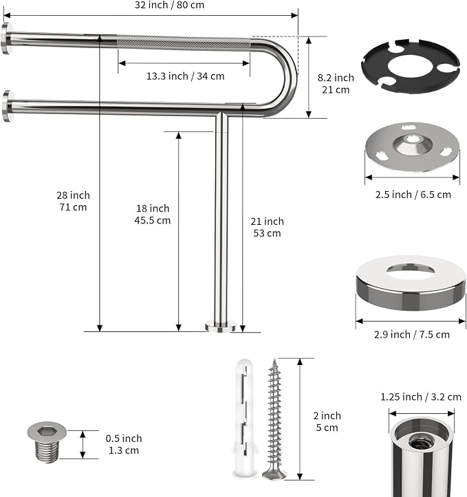 Toilet Support Rail 32 Inch, Munzong Anti-Slip Chrome Handicap Floor Rails | Bathroom Stainless Steel Knurled Safety Handrails with Leg for Elderly Disabled Pregnant-1.25’Tube