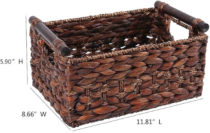 Water Hyacinth Wicker Storage Basket with Wood Handles, Medium | Rectangular dark brown woven rattan basket, for shelves, kitchen countertops, closet, holds magazines, toilet paper