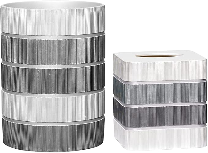 Zahari Home 2pc Modern Line Stylish Bath Accessories Set Waste Basket & Square Tissue Box Cover Classic Contemporary Decorative Beautiful Designs Gray Bathroom Decor Set for Home Modern Bath Set
