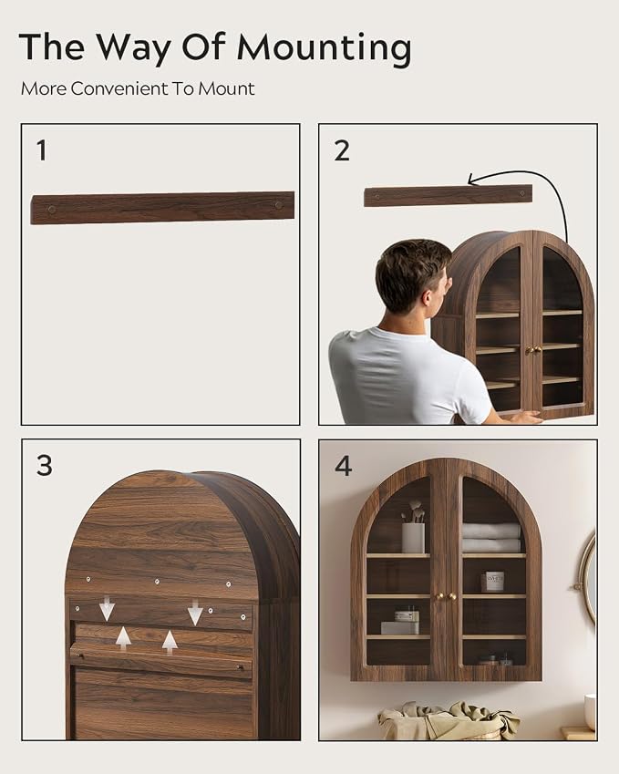 Fluted Arched Wall Cabinet, Large Wood Bathroom Medicine Cabinet Wall Mounted Cupboard, Modern Floating Storage Cabinet with Acrylic Door Adjustable Shelf, Organizer, Brown-Oak