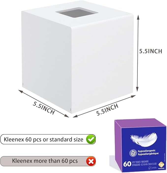 Matte White Square Acrylic Tissue Box Cover | Handmade Magnetic Non-Slip Facial Napkin Dispenser Holder for Bathroom Kitchen Bedroom Office (5.5x5.5x5.5)