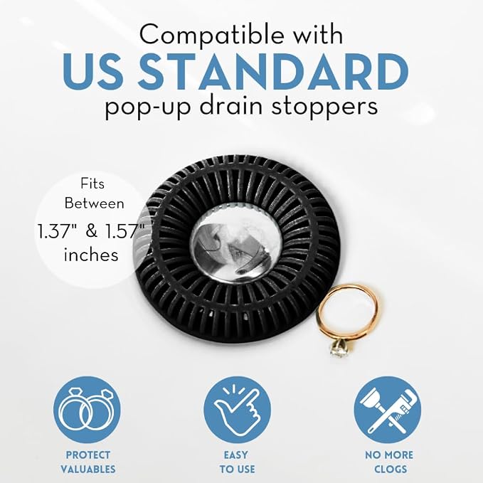 SinkRing Bathroom Sink Drain Protector & Strainer for Sink Stoppers, Black | Easy snap-in design. Precision clog-free trap prevents loss of earrings, jewelry or contacts. Fits 1.37" - 1.57" stoppers.