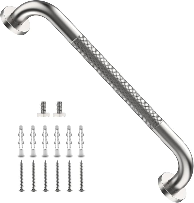 ZUEXT 16 Inch Brushed Nickel Anti Slip Shower Grab Bar with Knurled Grip | Bathroom Balance Support Rail, Assist Handle for Handicap Elderly Seniors, Wall Mounted Stainless Steel Bath Safety Handrail