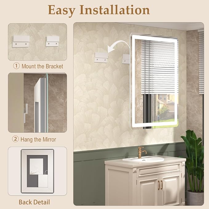 24x36 LED Lighted Bathroom Mirror for Vanity | Front Lights and Backlit, Rounded-Corner Rectangle, 3 Colors, Dimmable, Anti-Fog, Memory, Tempered Glass, UL