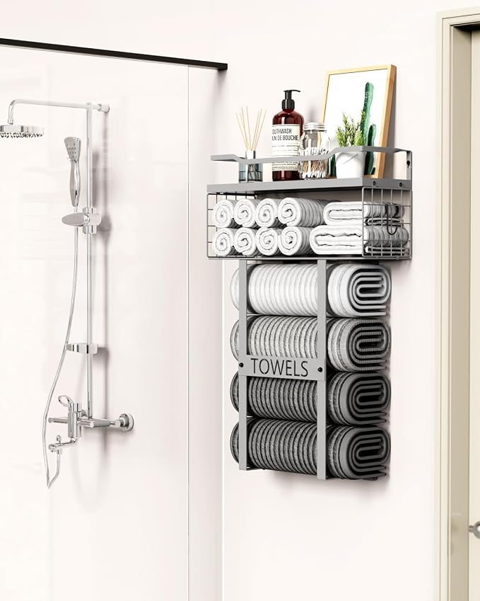Towel Racks for Bathroom Wall Mounted - Bath Wall Towel Holder Set Above Toilet Storage, Rolled Towel Shelf Organizer for Small Bathroom, Wood Vertical Towel Rack for Bathroom Wall Decor Grey | Towel Storage with Wood Shelf & Metal Basket,Fit for Small...