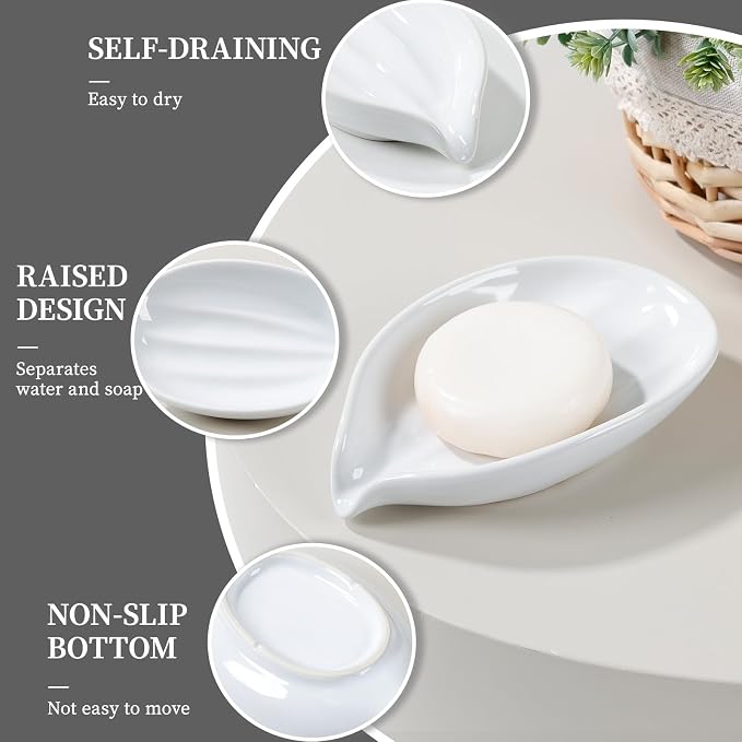 Soap Holder, Self-Draining White Soap Dish, Leaf Shape Ceramic Bar Soap Holder Drain Soap Dishes for Bathroom Sink Kitchen, Easy to Clean Keeps Soap Dry, ANTIS'S HOME