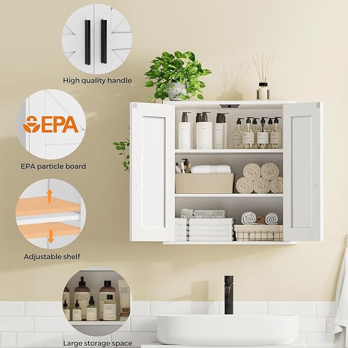 Homleke Bathroom Wall Cabinet, Medicine Cabinet with Adjustable Shelves | 3-Tier Wall Mounted Over Toilet Storage with Barn Doors, for Bathroom, Kitchen, Entryway, Laundry Room, White, (11.8" D)