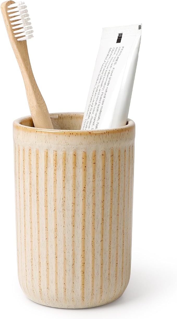 BosilunLife Ceramic Toothbrush Holder - 12oz Bathroom Toothbrush Holder Tooth Brush Holders Tumbler Cups Reusable Toothbrush Mouthwash Cup Small Toothbrush and Toothpaste Holder, Striped Greige
