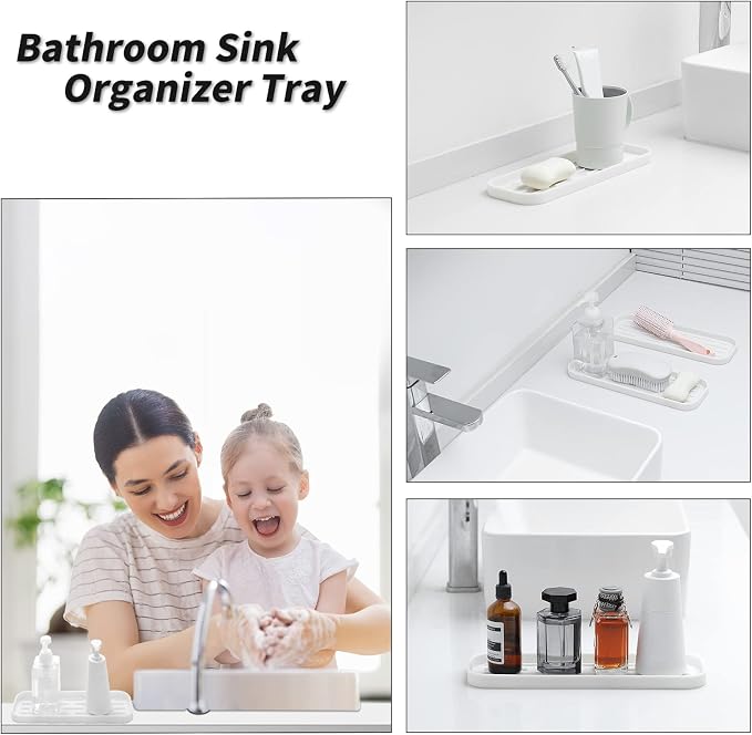 MicoYang Silicone Kitchen Sink Organizer Tray for Multiple Usage,Eco-Friendly Sponges Holder for Kitchen Bathroom Counter or Sink,Dish Soap Dispenser,Scrubber,Bottle,Cup (White, 12"×4")