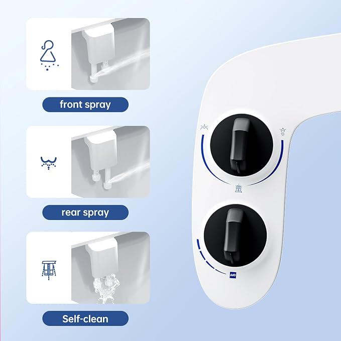 Toilet Bidet Attachment, Non-Electric Dual Nozzle (Feminine/Bidet Wash), Self-Cleaning Fresh Cold Water Sprayer Bidets for Toilets with Adjustable Water Pressure (Dual Knob, Black)