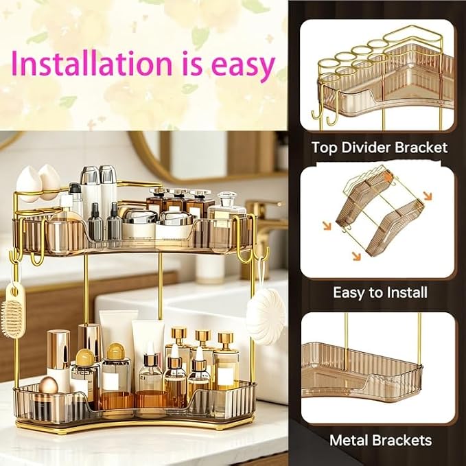 2-Tier Corner Bathroom Counter Organizer，Makeup & Skincare Shelf with Built-in Brush Holder，Space-Saving Bathroom Countertop Organizer for Skincare, Perfume, Cosmetics(Amber)