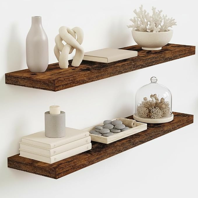 Vivelove Floating Shelves 9 inch Deep 32”Long Set of 2, Rustic Brown | Easy Install With Hardware, 1.5" Thick, Invisible Brackets, Wall Mounted, No Sagging, For Any Room
