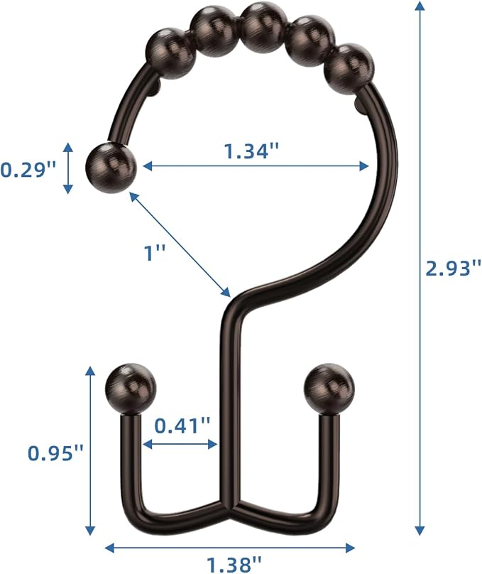 Bronze Shower Curtain Hooks Double Sided with Roller Balls | for Bathroom Rods, for Shower Curtain and Liner, Smooth Gliding, Rustproof Metal, Set of 12 Hooks