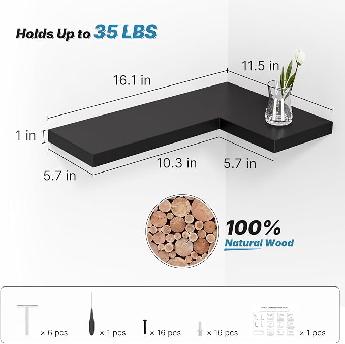 Floating Corner Shelves Wall Mounted with Invisible Brackets Set of 3 | 16.1" x 11.5", For Home Bedroom Bathroom Kitchen Living Room Office Gothic Style - Black