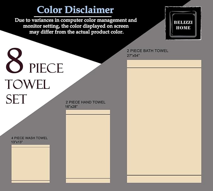 8 Piece Towel Set 100% Ring Spun Cotton, 2 Bath Towels 27x54, 2 Hand Towels 16x28 and 4 Washcloths 13x13 - Ultra Soft Highly Absorbent Machine Washable Hotel Spa Quality - Black