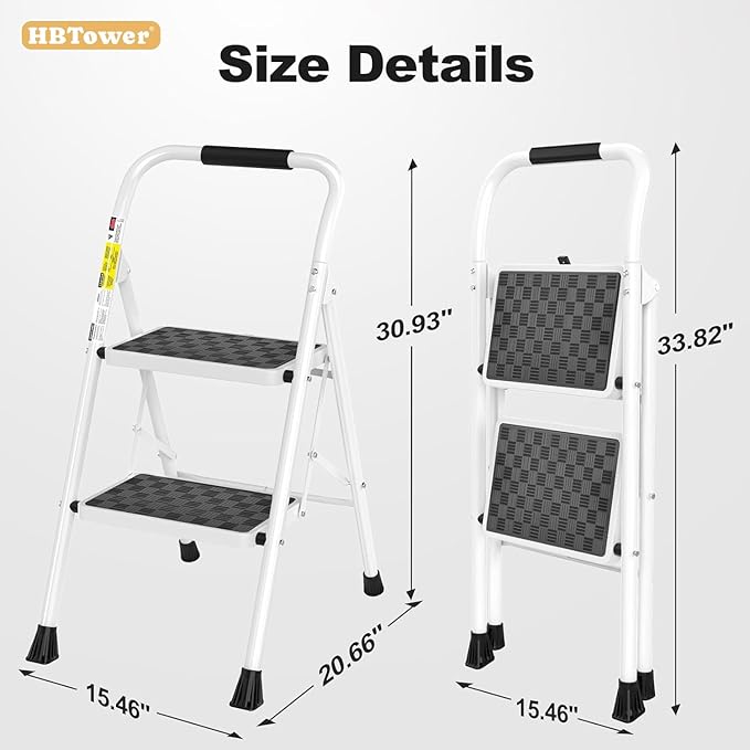 HBTower Step Ladder, Folding Step Stool with Wide Anti-Slip Pedal | Sturdy Steel Ladder, Convenient Handrail, Lightweight, Portable Steel Step Stool
