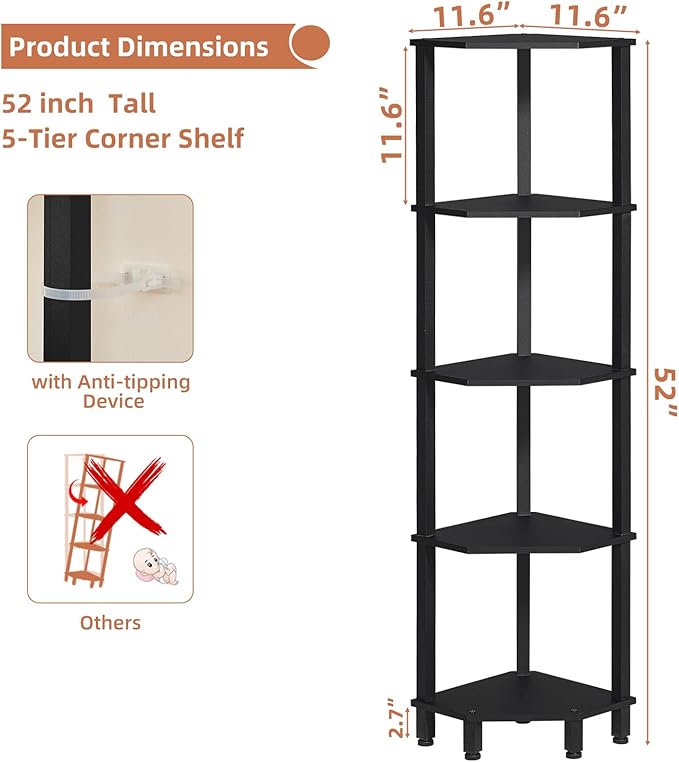 YUFAM 5-Tier Corner Shelf, Black | Wooden Corner Bookshelf for Small Spaces, Corner Standing Shelf with Sturdy 5-Leg Base