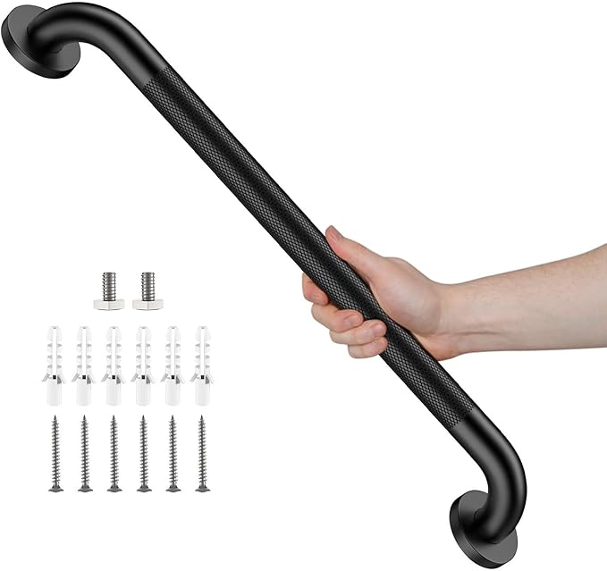 Black Grab Bar 24 Inch, Grab Bar for Bathtub and Shower | Anti-Slip Knurled Grip, Stainless Steel, Bathroom Assist Handle Handrail, Handicap Support Bars for Toilet, 1.25" Diameter