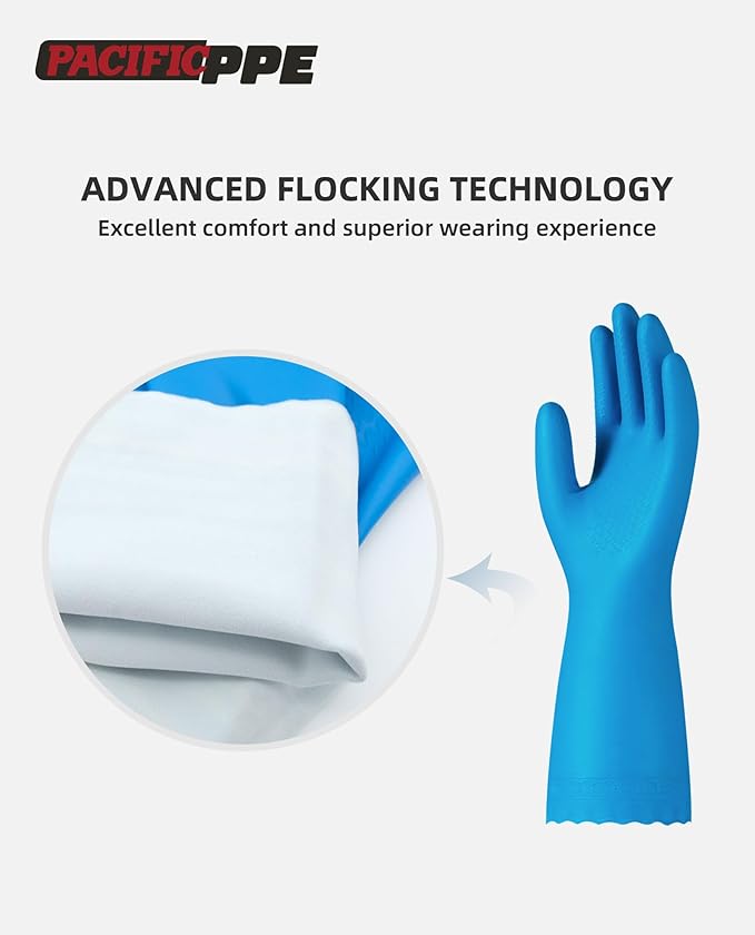 2 Pairs Dishwashing Gloves, Cotton Flocked Liner, Blue, Large | Waterproof dishwashing gloves with non-slip grip, Latex-Free, flexible fit for kitchen, bathroom, laundry & cleaning