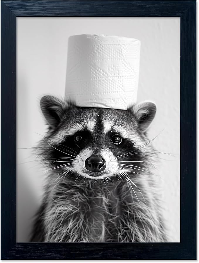 Black And White Bathroom Wall Art Funny Raccoon Wall Decor Animal Raccoon With a Toilet Paper Roll On The Head Cute Framed Picture Toilet Humor Decor Painting