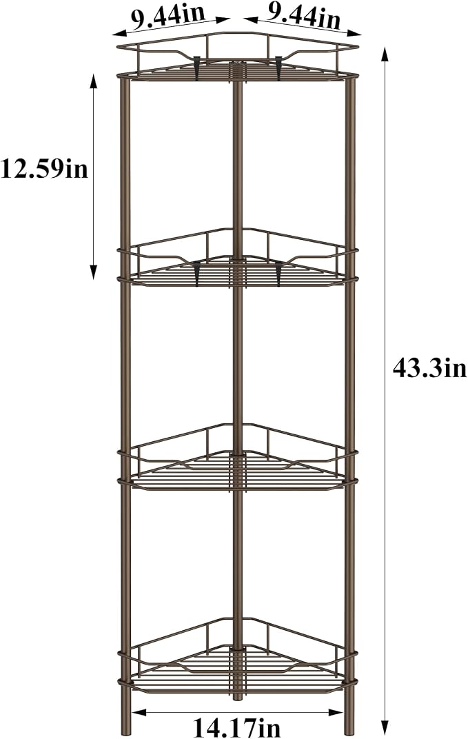 Metal Floor Standing Corner Shower Caddy, Bronze, 4 Tier | Adhesive Bathroom Organizer Shelves, Free Standing Shower Rack with Hooks, Hold Large Shampoo Bottles