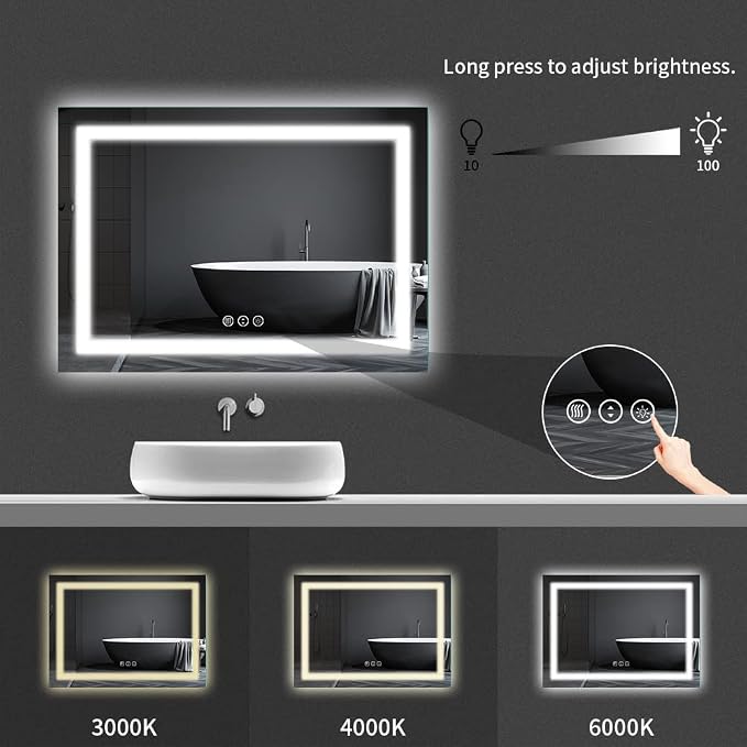 LED Bathroom Mirror, 72"X32" with Front Light and Backlit | Stepless Dimmable, Anti-Fog, Shatter-Proof, HD Reflection, Memory, 3 Colors Lighting, UL Listed (Horizontal/Vertical).