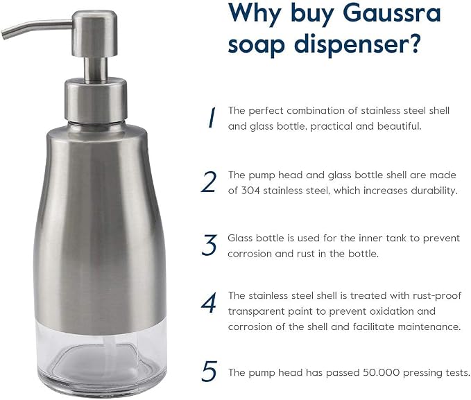 Gaussra Soap Dispenser with Coaster and Stickers - 11 OZ / 320 ML | Brushed Nickel Stainless Steel Case Glass Liner Hand Soap Dispenser, Lotion Soap Dispenser for Bathroom and Kitchen