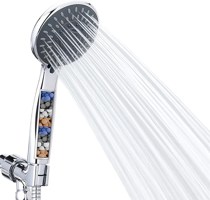 High Pressure Handheld Shower Head 5-Settings with Hard Water Filter | Powerful Water Spray, Against Low Pressure Water Flow, 59 Inch Stainless Hose, Adjustable Mount