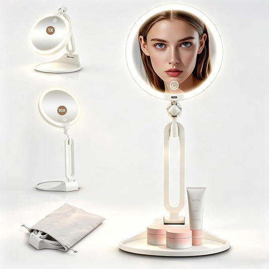 10X/1X Makeup Magnifying Mirror with Lights, 6inch Double-Sided LED Mirror | 360° Rotation Folding Bracket, 3 Color Dimmable Lights, Rechargeable 1500mAh Battery, Desktop 1X/10X Travel Magnifying Mirror