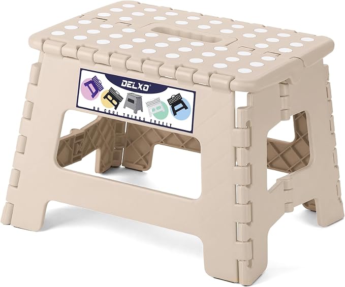 Delxo 9 Inch Kids Step Stool,300 Lbs Folding Step Stool for Toddler Khaki | Foldable Step Stool,Non-Slip Foot Stools with Handle, Lightweight Collapsible Stool for Kitchen,Bathroom,Bedroom,Garden