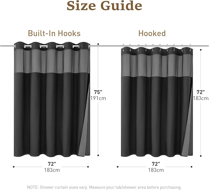 Black Ringless Linen Textured Shower Curtain with Snap in Liner, 72x75 | 3 in 1 Hotel Shower Curtain Set, Removable Liner, Waterproof & Washable, Mesh Top Window, Durable Fabric, Easy to Install