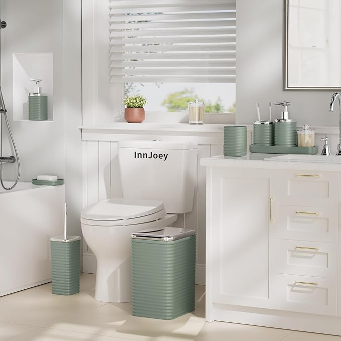 Bathroom Set - 10PC Bathroom Accessory Set, Sage Green Bathroom Set, Luxury Bathroom Accessories Set, Trash Can, Toilet Brush, Soap Dish, Qtip Holder & Soap Dispenser