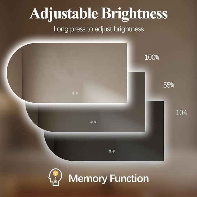 Arched LED Bathroom Mirror, 40"x24" Arch Framless Backlit Mirror with Lights Vanity Mirror for Makeup, Anti-Fog, Dimmable, 3-Color, Memory Function, IP65 Waterproof, UL Listed, Horizontal-Right