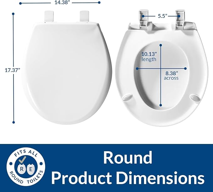 Mayfair Aurora Slow Close Toilet Seat, Easy Clean Hinges and Adjustable Perfect Fit Plastic Seat, Round, White