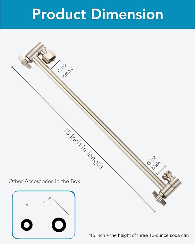 15 Inch Extra Long Adjustable Shower Head Extension Arm With Locking Set Screw, Singing Rain 304 Stainless Steel Angle Height Adjustable, G1/2 Universal Connector Compatible (Nickel Brushed)
