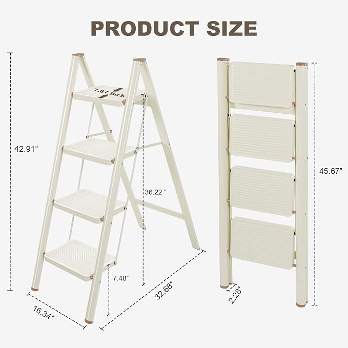 Valeo 4 Step Ladder,Lightweight Folding Step Stool with Wide Anti-Slip Pedal, 330LBS Capacity, Heavy Duty,Sturdy Iron Metal Step Stool for Home, Kitchen, Closet, Adults, Cream White