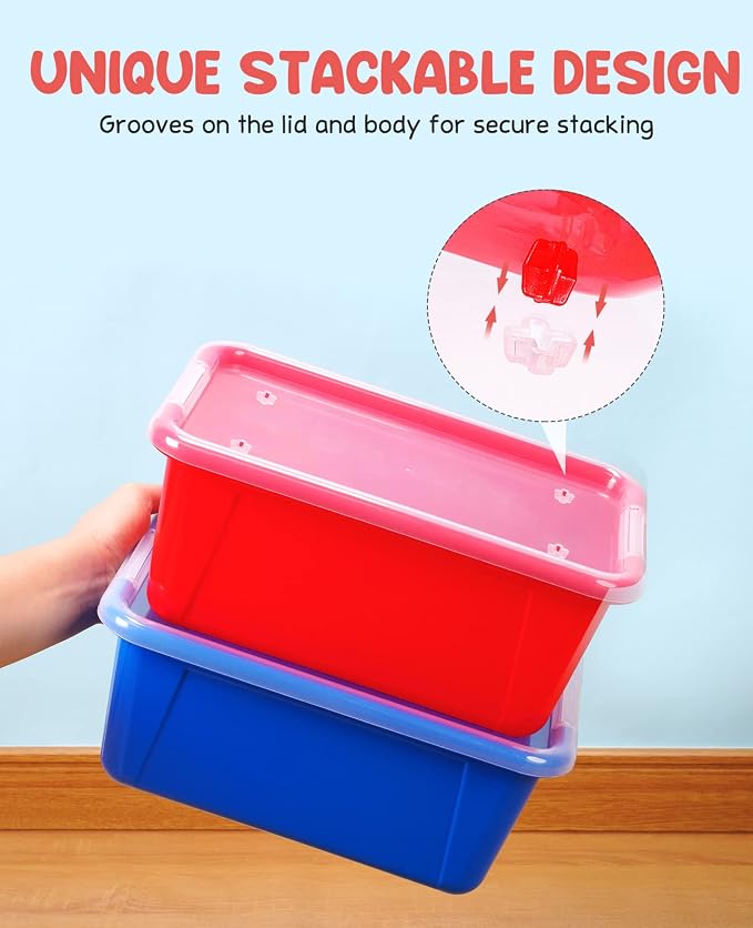 GAMENOTE 6 Quart Stackable Plastic Storage Bins with Lids,12 Pack, Colorful | Stackable 6-quart bins with lids organize classroom supplies, crafts, toys and building blocks for Classroom & Kids Toy