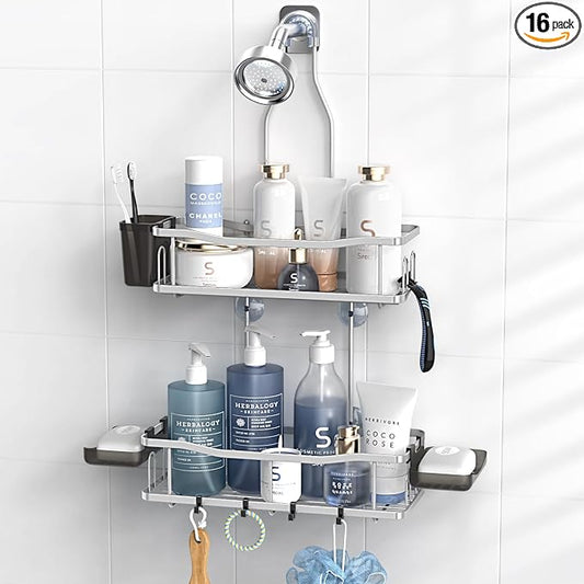 Hanging Shower Caddy Over Shower Head - No Drill Rustproof Shower Rack | Includes Soap Holder and Hooks for Shampoo, Conditioner, and Bathroom Essentials with Stable Storage in Any Shower Space