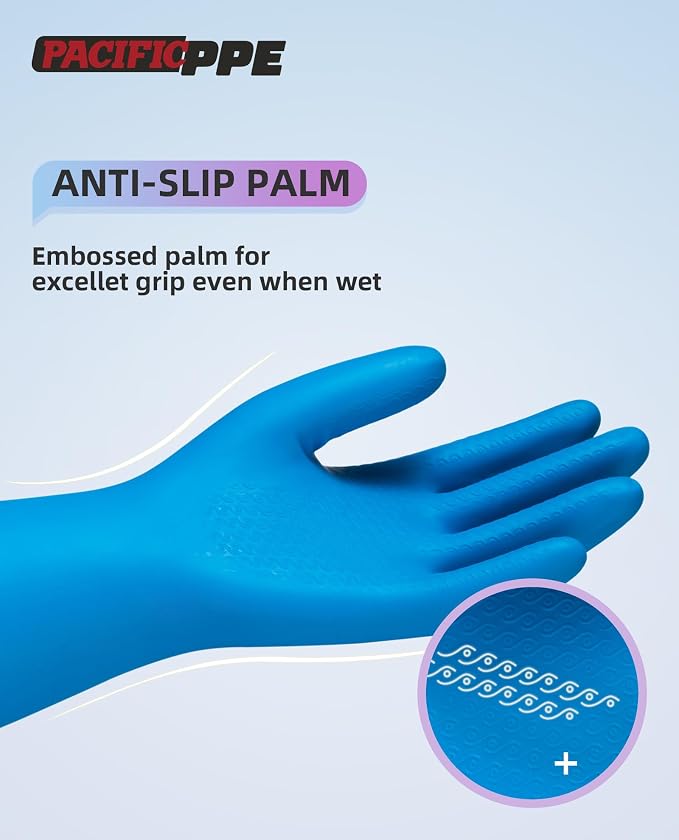 2 Pairs Dishwashing Gloves, Cotton Flocked Liner, Blue, Large | Waterproof dishwashing gloves with non-slip grip, Latex-Free, flexible fit for kitchen, bathroom, laundry & cleaning