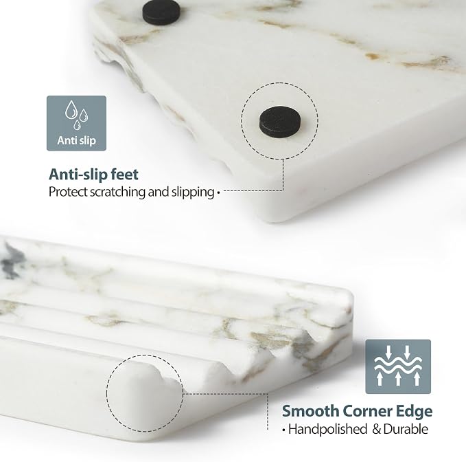 African Natural Marble Soap Dish for Shower, Stone Soap Tray for Bathroom, Bar Soap Holder for Sink, Stripe Grooves Soap Saver Stone Dish Keep Bars Dry Easy Clean (Namib Bianco)
