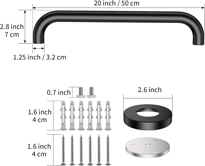 ZUEXT 2 Pack 20 Inch Matte Black Bathroom Grab Bars, Stainless Steel | Grab Bar Handle for Wall, Shower Balance Bar, Safety Hand Rail Support, for Handicap Elderly Injury Seniors, 1.25" Diameter